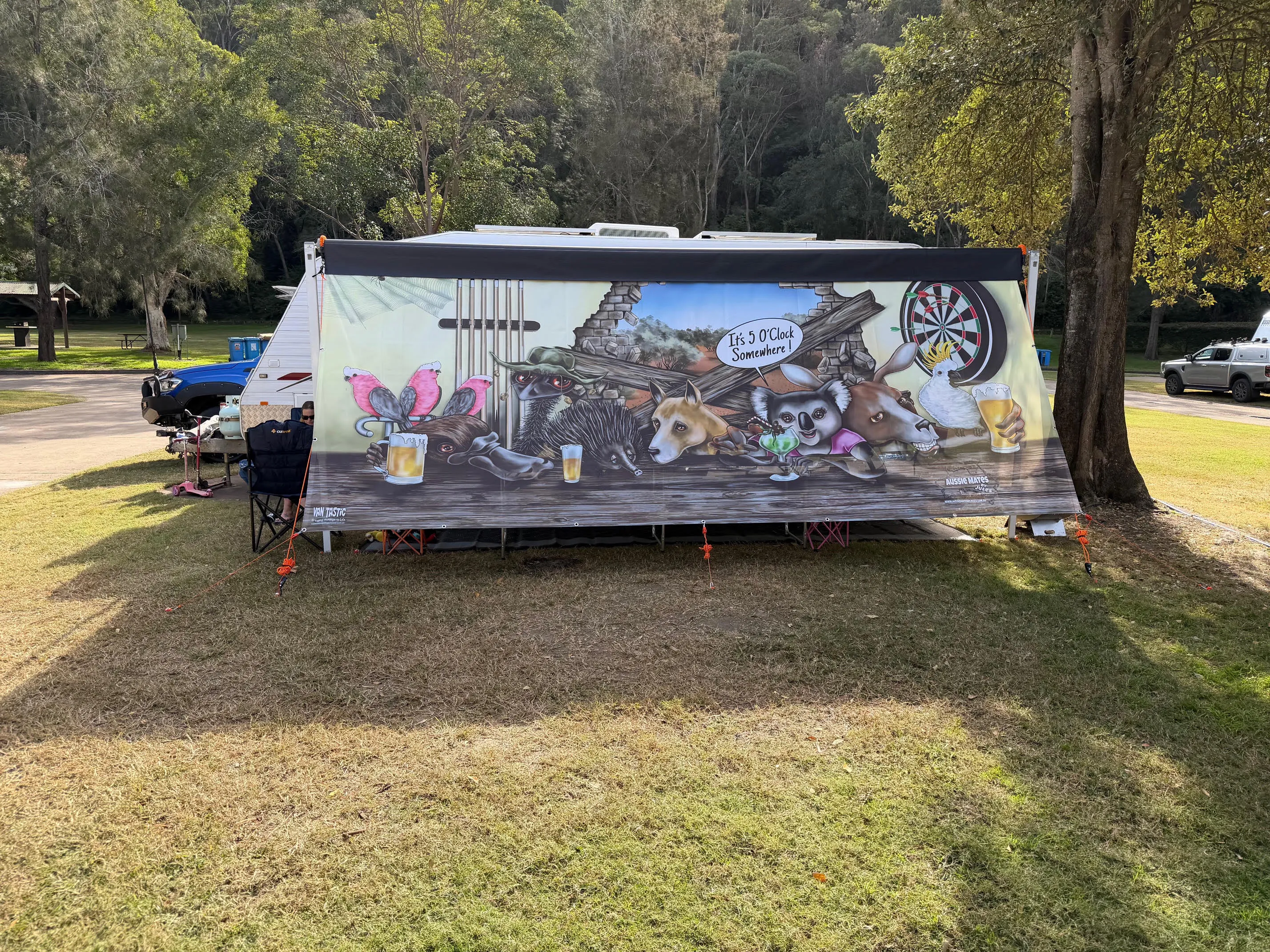 Custom printed collage screen fitted to a camper